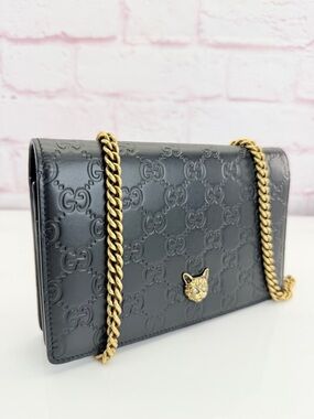 Gucci Rare Crystal Cat Black Embossed GG Leather Guccissima Wallet on Chain